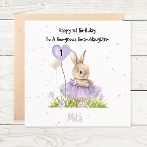 Carte personnalisée 1er anniversaire petite-fille, fille, arrière-petite-fille, nièce, cousine, souvenir, enfants, enfant lapin