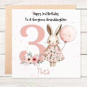 Carte personnalisée pour le 3e anniversaire petite-fille, fille, arrière-petite-fille, nièce, cousine, souvenir, enfants, enfant lapin