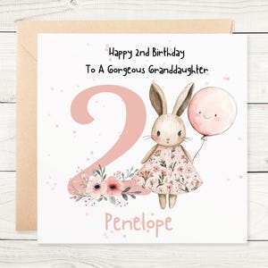 Carte personnalisée de 2e anniversaire petite-fille, fille, arrière-petite-fille, nièce, cousine, souvenir, enfants, enfant lapin