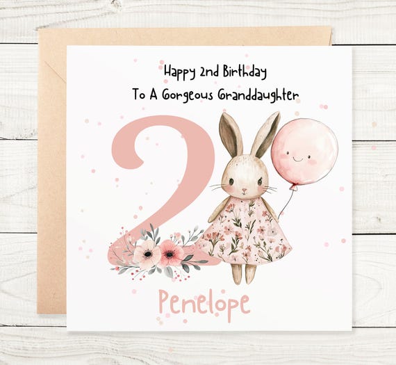 Personalised 2nd Birthday Card Granddaughter, Daughter, Great Granddaughter, Niece, Cousin, Keepsake, Kids, Child Bunny