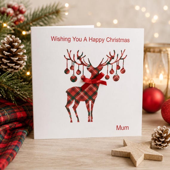 Personalised Scottish Christmas Card, Tartan Reindeer, Any Name or Relation, Mum Dad Grandparents