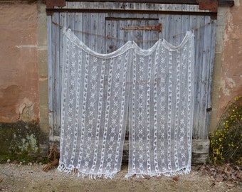 French Cotton Lace Window  door Curtain  drape LONG with fringed bottom edge.