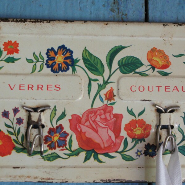 French vintage enamel tea towel hook rack