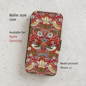 Coque pour iPhone (tous les modèles actuels) - Strawberry Thief - Rouge - William Morris - Étui portefeuille à rabat - Samsung Galaxy S20 - S23 et plus