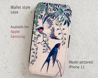 iPhone Case (all current models) - Swallow - Japanese - Woodblock - Bird - wallet style flip case -  Samsung Galaxy S20 - S23 & more