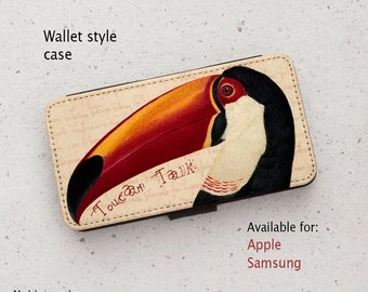 iPhone Case (all current models) - Toucan Talk #1 - Vintage Illustration  - Wallet style flip case -  Samsung Galaxy S20 - S23 & more