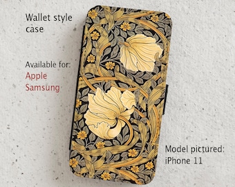 iPhone Case (all current models) - William Morris Floral illustration - Pimpernel - Poppy -Wallet flip case -  Galaxy S20 - S23 & more