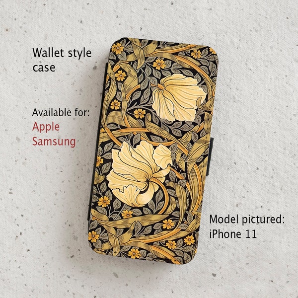 iPhone Case (all current models) - William Morris Floral illustration - Pimpernel - Poppy -Wallet flip case -  Galaxy S20 - S23 & more