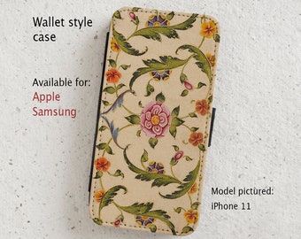iPhone Case (all current models) - Vintage Indian Floral Illustration - wallet style flip case -  Samsung Galaxy  S20 - S23 & more