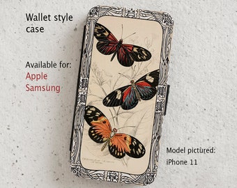 iPhone Case (all current models) - Butterflies Vintage Illustration - Wallet style flip case - Samsung Galaxy S20 - S23 & more