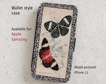 iPhone and Samsung Galaxy cases - Butterflies - Vintage Illustration - Wallet style flip case -