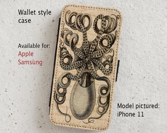 iPhone and Samsung Galaxy cases - Octopus - Vintage Illustration - wallet style flip case -