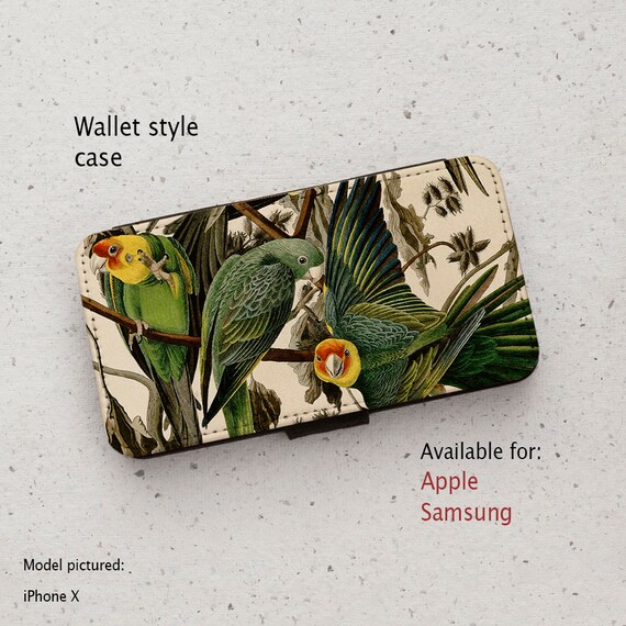 iPhone Case (all current models) - Parakeets - Birds - Vintage Illustration - Wallet style flip case -  Samsung Galaxy S20 - S23 & more