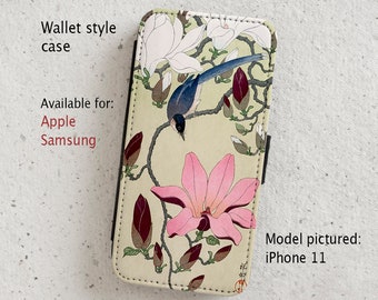 iPhone Case (all current models) - Magpie and Magnolia - Vintage Japanese Painting - Wallet flip case -  Samsung Galaxy S20 - S23 & more