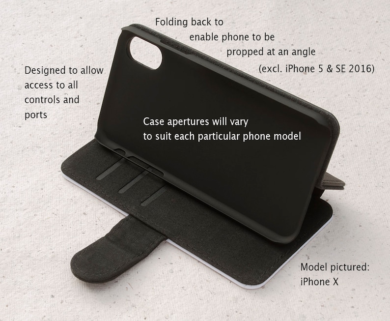 May include: Black leather phone case with a flap that folds back to prop the phone up at an angle. The case is designed to allow access to all controls and ports. The text "(excl. iPhone 5 & SE 2016)" is printed on the case. The model pictured is an iPhone X.