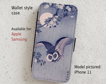 iPhone Case (all current models) - Owl - Oriental - Woodblock - Bird - Wallet style flip case -  Samsung Galaxy S20 - S23 & more