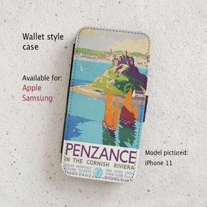 May include: A phone case featuring a vintage travel poster design of Penzance in the Cornish Riviera. The poster shows a seaside town with a castle and boats.