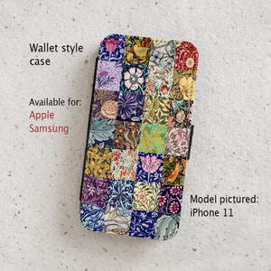 May include: A wallet style phone case with a patchwork design featuring a variety of floral patterns in shades of blue, green, yellow, pink, and purple. The case is available for Apple and Samsung phones. The model pictured is an iPhone 11.