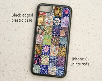 May include: Black-edged plastic iPhone 8 case with a colorful patchwork design. The case features a variety of floral and botanical patterns in shades of blue, green, yellow, and purple. The text "Black edged plastic case" is visible.