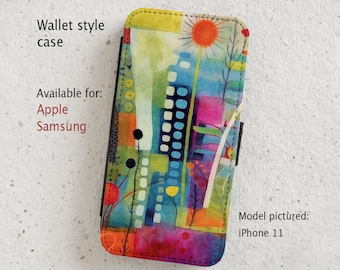 iPhone Case (all current models) - Wild Garden - Watercolour Abstract - Wallet style flip case -  Samsung Galaxy S20 - S23 & more