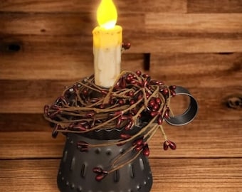 Candle Holder Centerpiece / Dark Burgundy Pip Berry Ring / Battery Operated Timer Candle