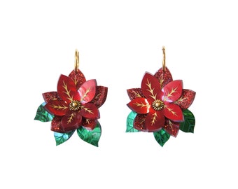 Hand-Painted Poinsettia Earrings, Christmas Dangle Earrings