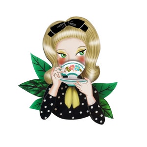 Girl drinking tea brooch