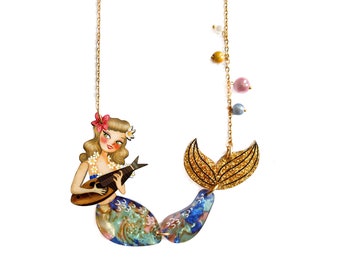 Illustrated Mermaid Necklace, Glossy Wood & Acrylic, Handmade in Spain