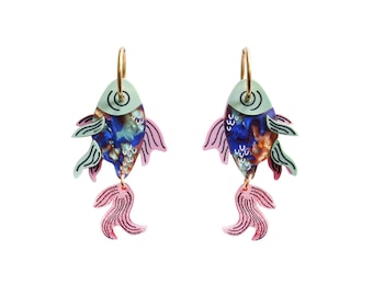 Hand-Painted Acrylic Fish Earrings, Lightweight Stainless Steel