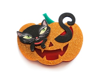 Pumpkin with black kitten brooch by LaliBlue