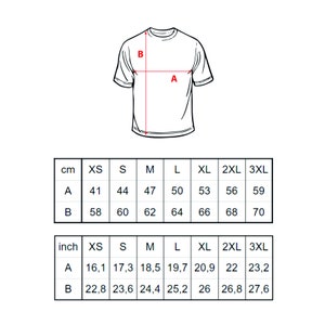 May include: Size chart for a t-shirt in inches and centimetres. The chart shows measurements for the chest (A) and length (B) in sizes XS, S, M, L, XL, 2XL, and 3XL.