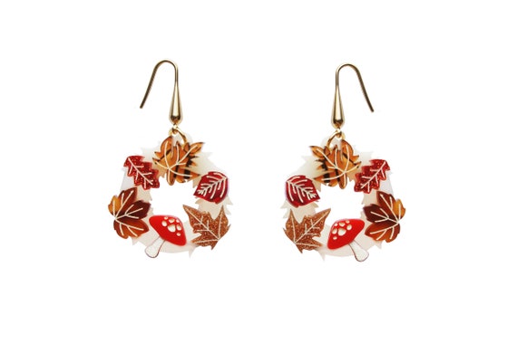 Autumn Leaf & Mushroom Earrings, Pearlescent Acrylic, LaliBlue Design