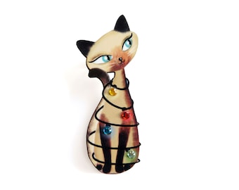 Siamese cat with christmas lights Brooch by laliblue