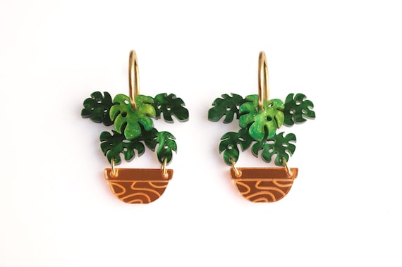 Acrylic Monstera Plant Earrings – Golden Hoops