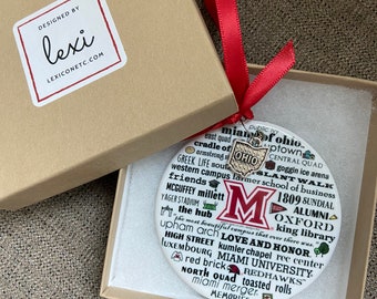 MIAMI of OHIO, Miami University, porcelain ornament, licensed, boxed, personalization options, graduation gift