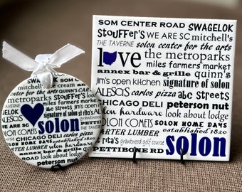 SOLON, ohio, choose 3" round ornament OR 4" square art tile, can be personalized! get the set for free shipping!