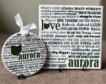 AURORA, ohio, choose 3" round ornament OR 4" square art tile, can be personalized! get the set for free shipping!