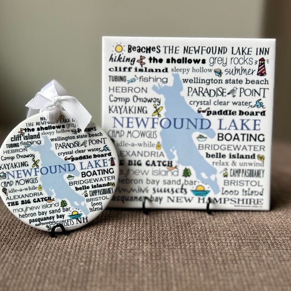 NEWFOUND LAKE, New Hampshire, choose 3" round ornament or 4" square art tile, can be personalized! get the set for FREE shipping!