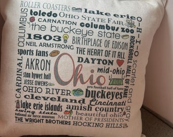 OHIO 16x16 pillow, cover only or with insert, washable, quick ship!