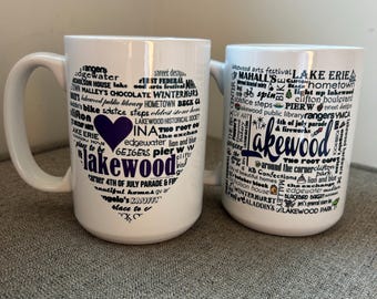 Lakewood Ohio Mug: Choose Script or Classic Heart Design, can personalize