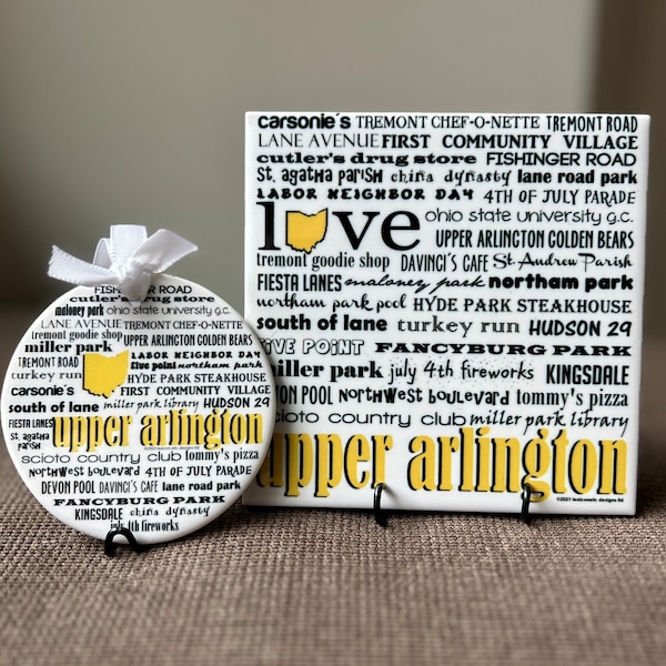 UPPER ARLINGTON ohio, choose 3" round ornament or 4" square art tile, can be personalized, one size fits all! get the set for FREE shipping!