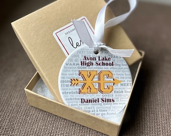 XC Cross Country ornament -  3" round porcelain, two-sided, glossy finish, can be personalized, new design!