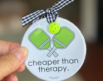 Pickleball Ornament: Cheaper Than Therapy, Can personalize, Two-Sided Porcelain