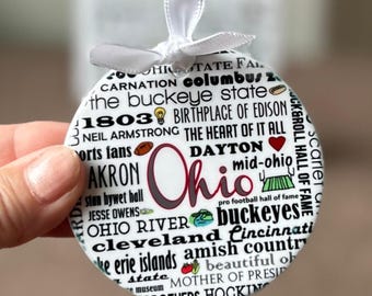 OHIO, heart of it all , 3" round ornament , can personalize, one size fits al