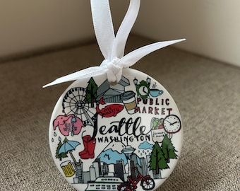 SEATTLE, Washington, 3” porcelain ornament, two sided, can be personalized, glossy finish!