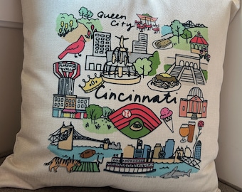 CINCINNATI 16x16 pillow, cover only or with insert, washable, local icons