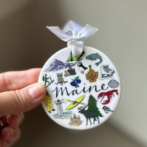 MAINE, 3” porcelain ornament, two sided, can be personalized, glossy finish!