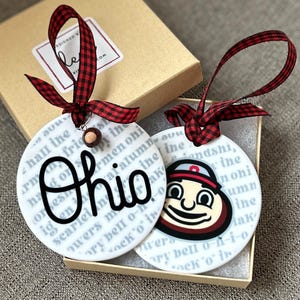 BRUTUS/OHIO Script porcelain ornament w buckeye charm/ unique Buckeye gift/2 sides/licensed/ can Personalize/OSU/made in Ohio