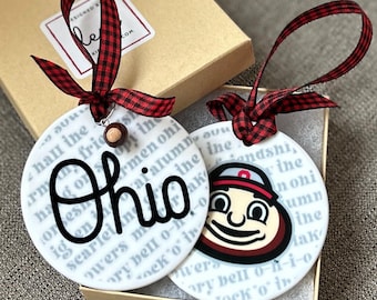 BRUTUS/OHIO Script porcelain ornament w buckeye charm/ unique Buckeye gift/2 sides/licensed/ can Personalize/OSU/made in Ohio