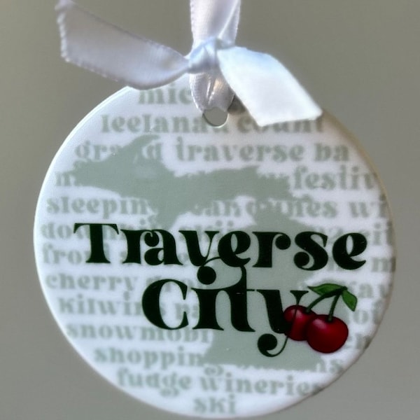 TRAVERSE CITY, MICHIGAN ornament -  3" round porcelain, two-sided, glossy finish, new design!